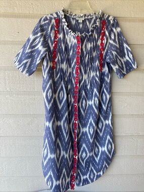 Sundance Blue and White Ikat Print Red Trim  Cotton Dress Women’s Size S